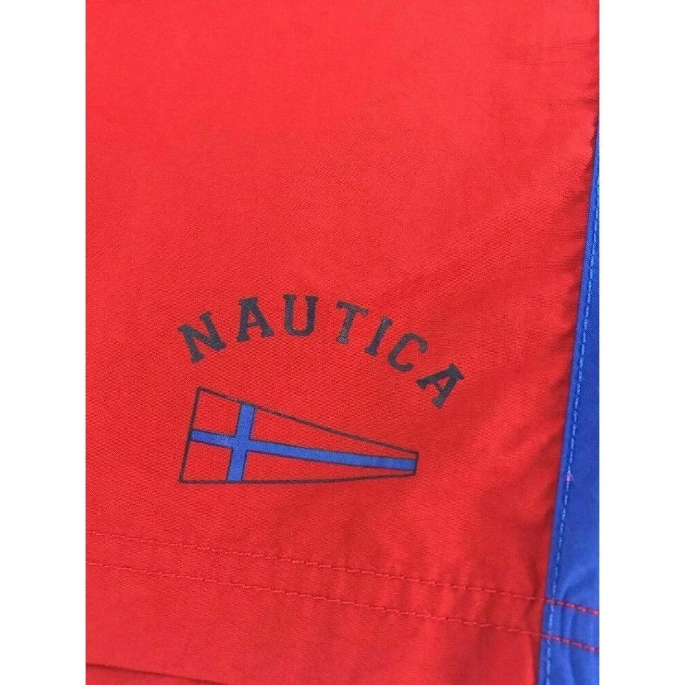 Nautica‎ Flag Bathing Suit M Red Blue SpellOut Swim Trunks Shorts Beach Mens